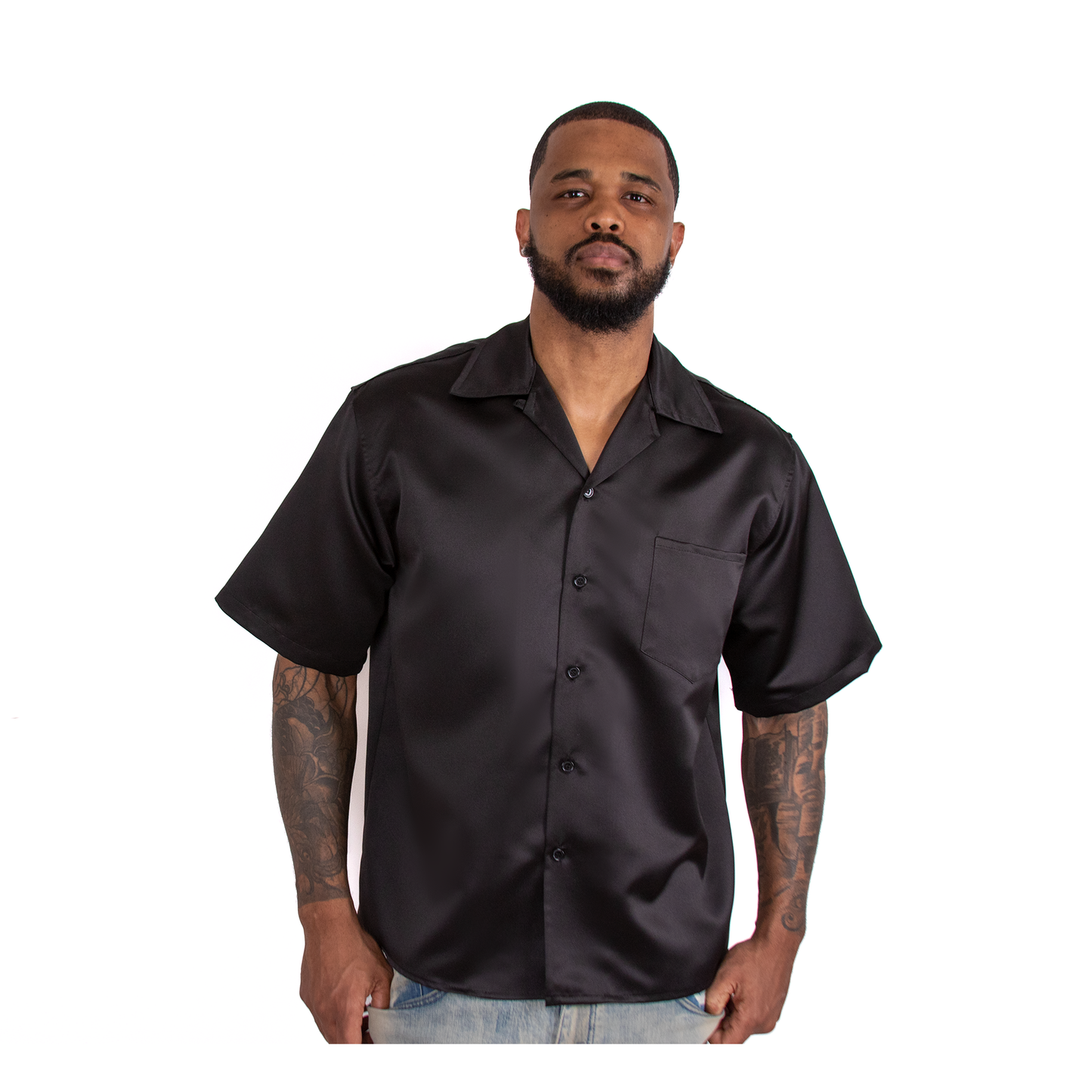 Short Sleeve Satin Shirt (BLACK)