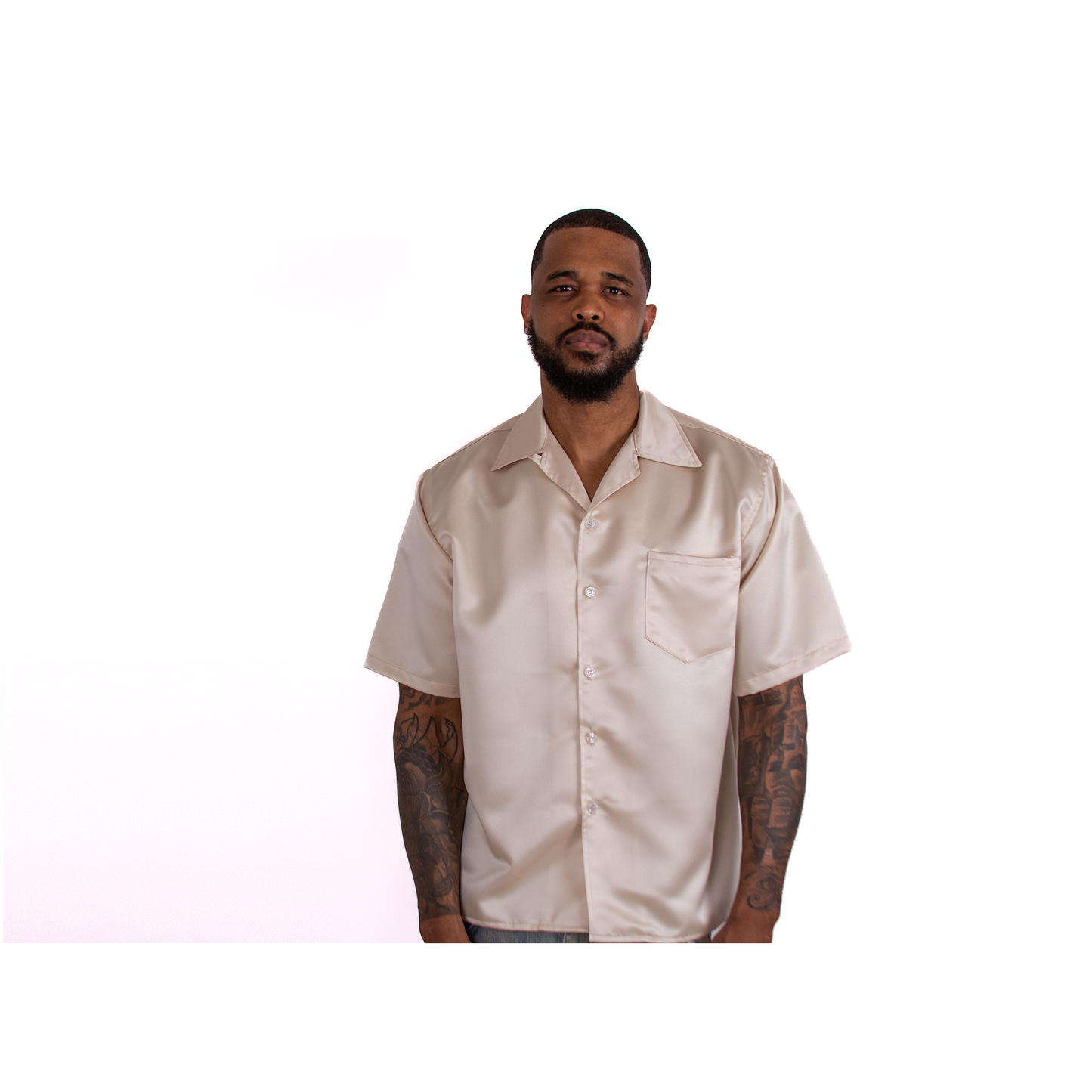 Short Sleeve Satin Shirt (CHAMPAGNE)