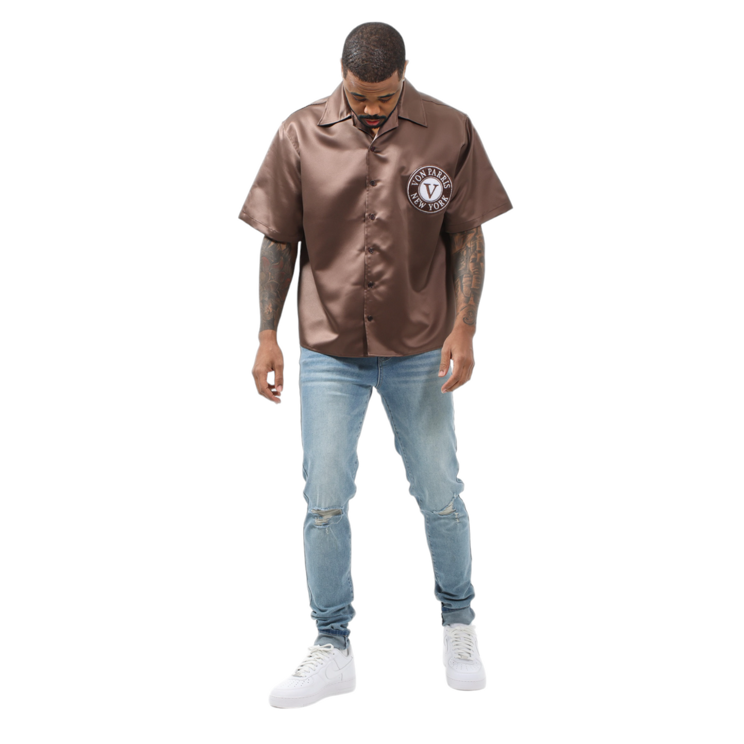 Short Sleeve Satin Shirt (Brown)