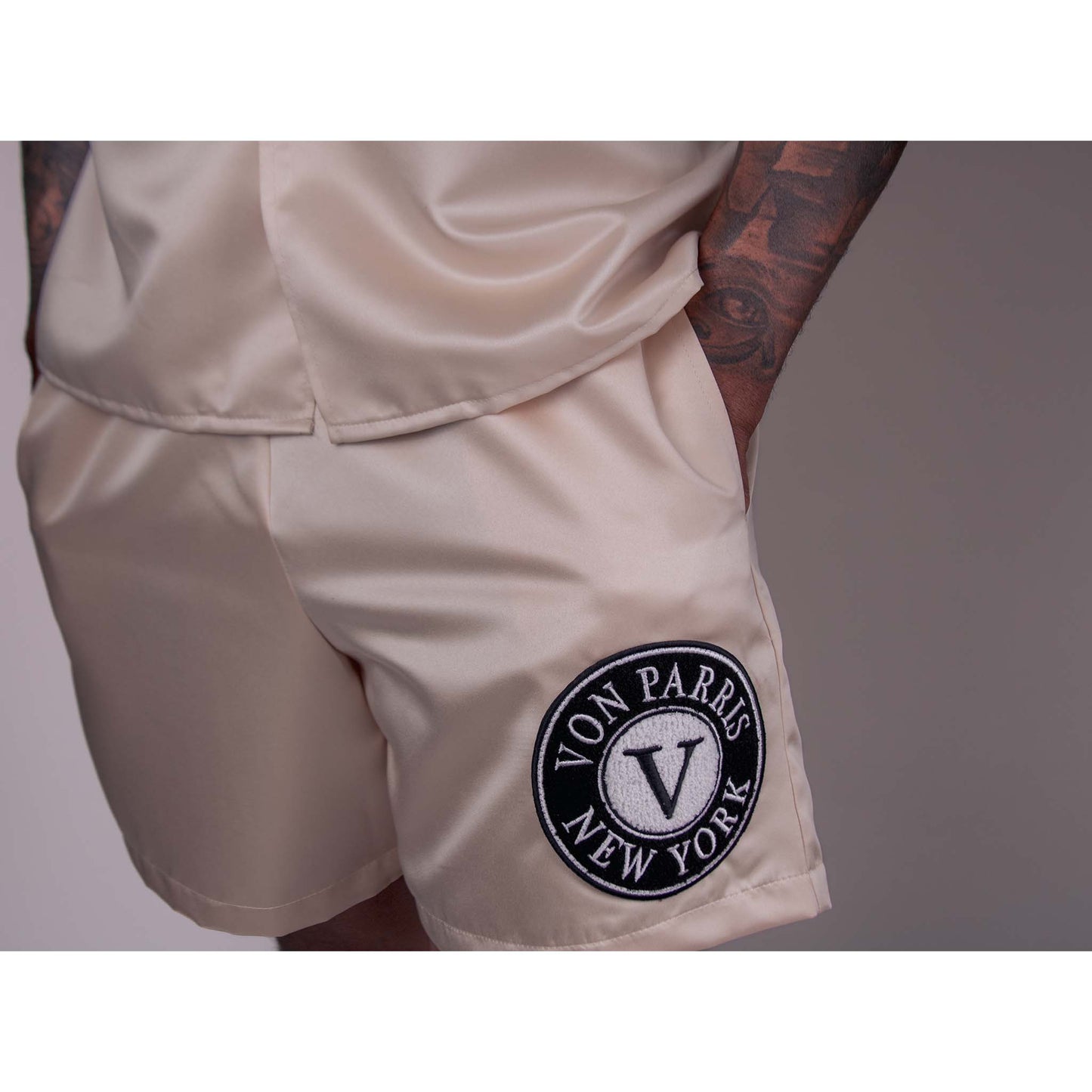 SATIN SHORTS (CREAM BLACK PATCH)