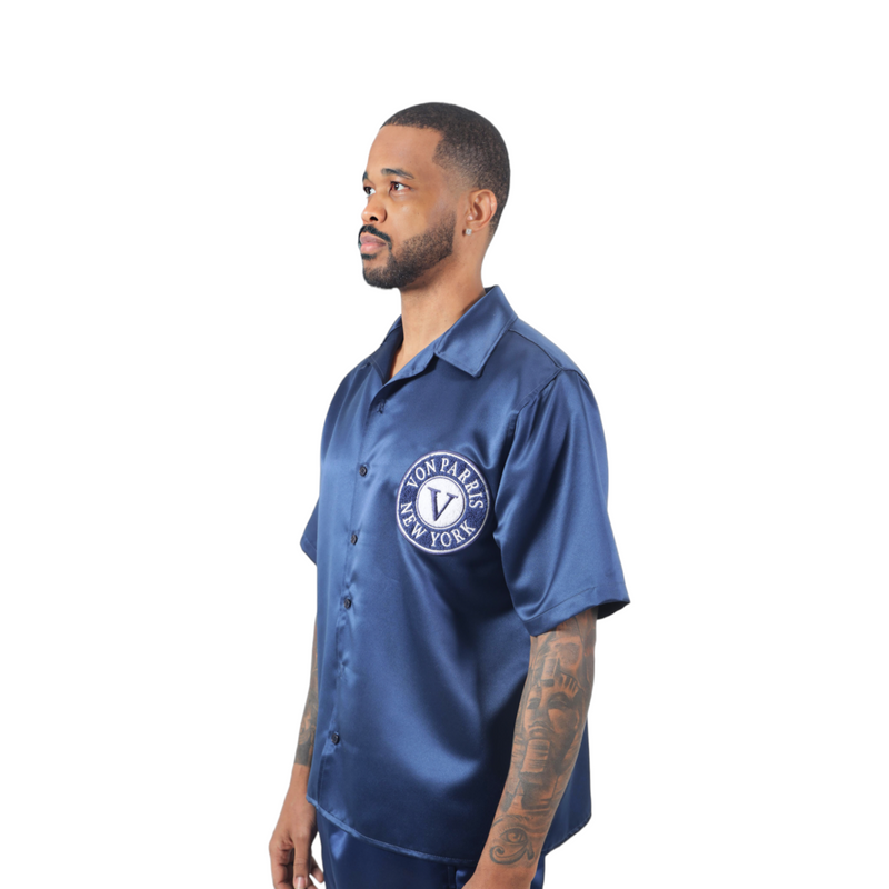 Short Sleeve Satin Shirt (Navy Blue)