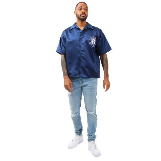 Short Sleeve Satin Shirt (Navy Blue)