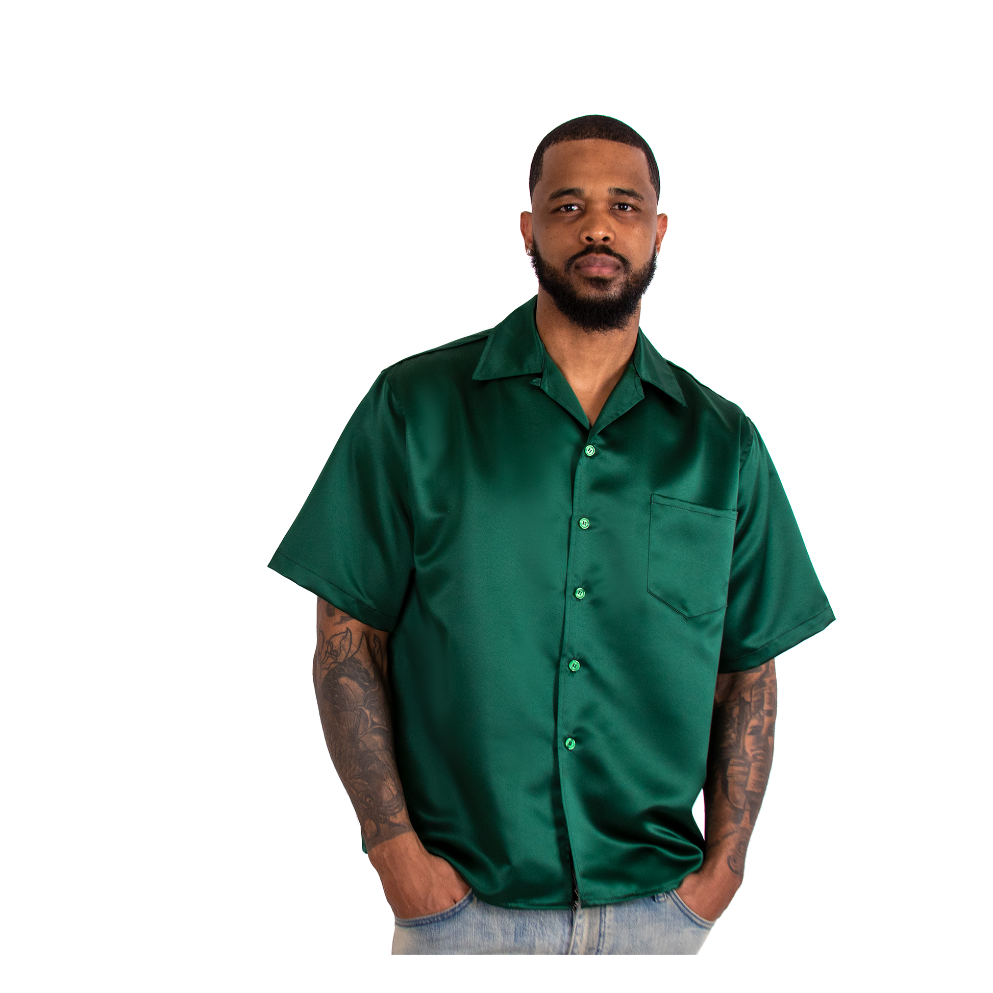 Short Sleeve Satin Shirt (Hunter Green) vonparrisny Short Sleeve Satin Shirt (Hunter Green) vonparrisny