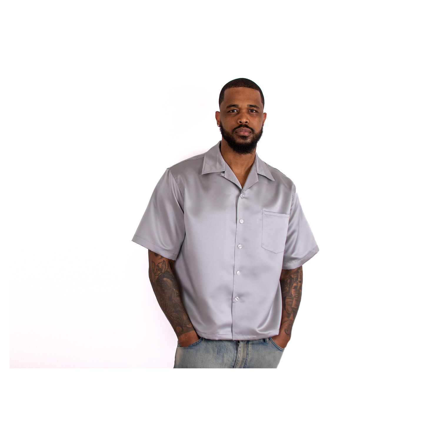 Short Sleeve Satin Shirt (SILVER)